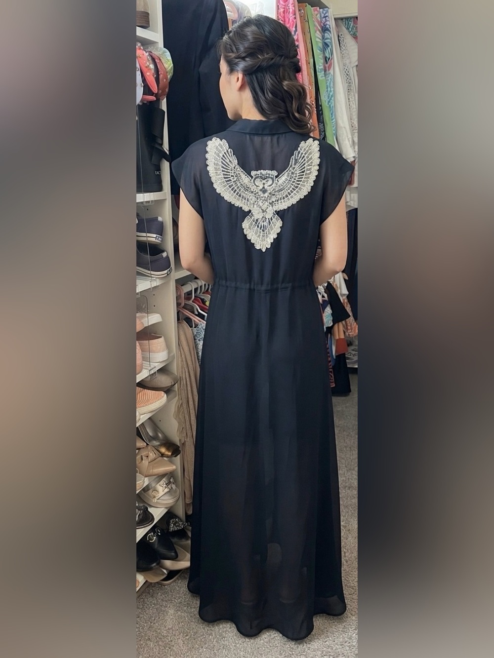 Sheryl Crow Beaded Owl Design Navy Hi Lo Dress L - New without Tags - Picture 3 of 9